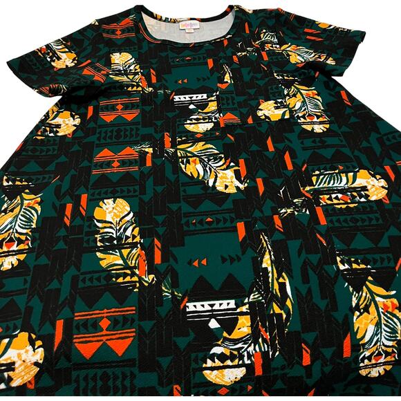 LULAROE SHORT SLEEVE TUNIC DRESS,WOMENS, XS, GREEN-ORANGE YELLOW ABSTRACT HI-LOW - Picture 6 of 10